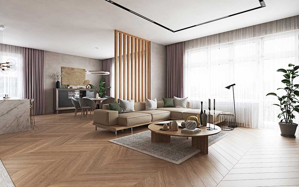 Master bedroom with large window concept